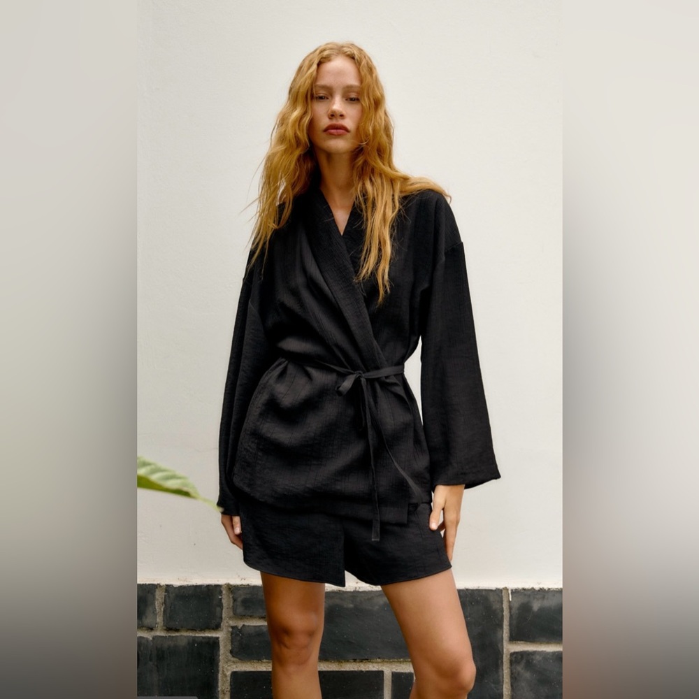 Two Pieces of Textured Wrapped Robe and Shorts